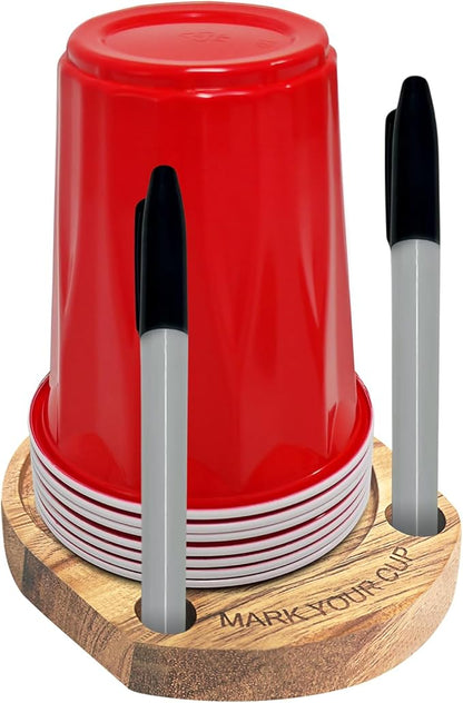 Party Cup Holder with Marker Slot, Acacia Wood Bathroom Cup Dispenser Mark Your Cup and Drink Up, Hosting Essential to Prevent Mix-Ups & Mark Your Cup for Birthdays, BBQs, Holiday Events