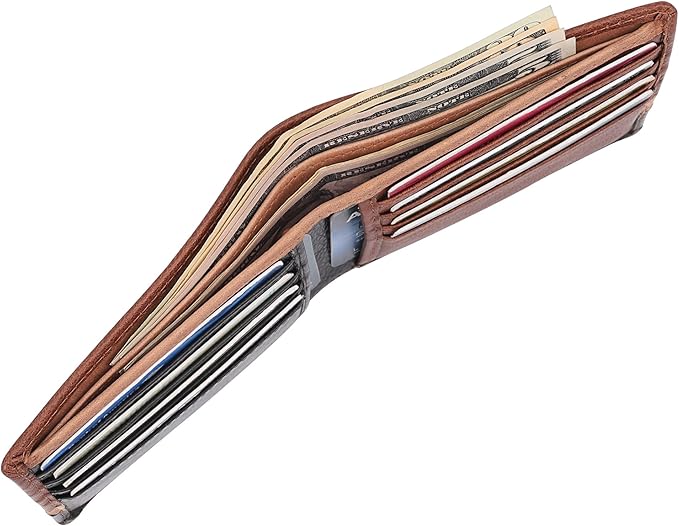Mens Genuine Leather Bifold Wallet | RFID Blocking, 8 Credit Card Slots, 2 Sections for Bills & 2 Additional Slots | Tan/Camel/Black