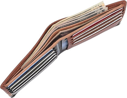 Mens Genuine Leather Bifold Wallet | RFID Blocking, 8 Credit Card Slots, 2 Sections for Bills & 2 Additional Slots | Tan/Camel/Black