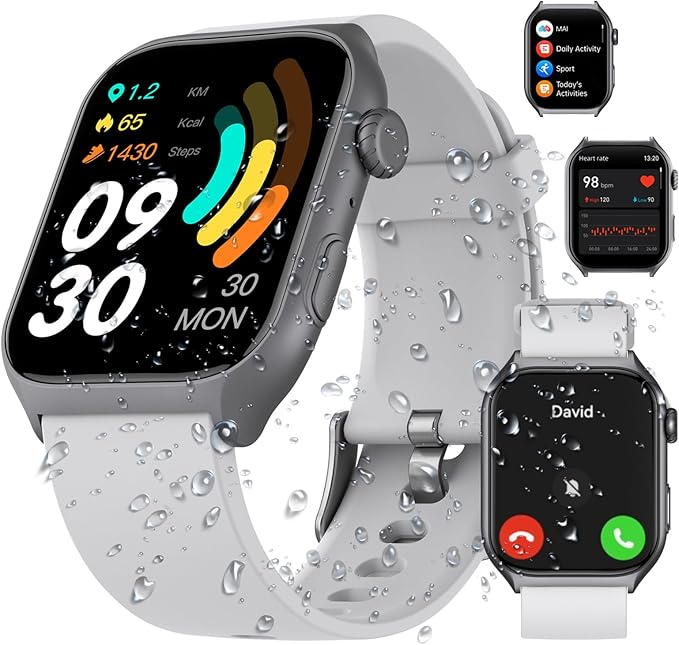 Digital Watch with 2" HD Color Screen, 45 Days Long Battery, IP68 Waterproof, Answer/Make Call/Quick Reply/AI Voice Assistant, 100+ Sport Modes, Health Fitness Tracker for Android and iOS (Gray)