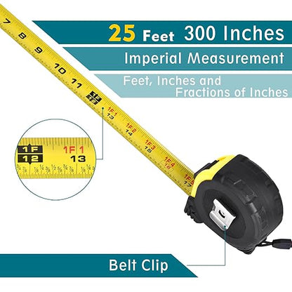 Tape Measure 25 Ft - Metal Retractable Tape Measure with Fractions, Easy Read, 1-inch Wide X 25 Foot