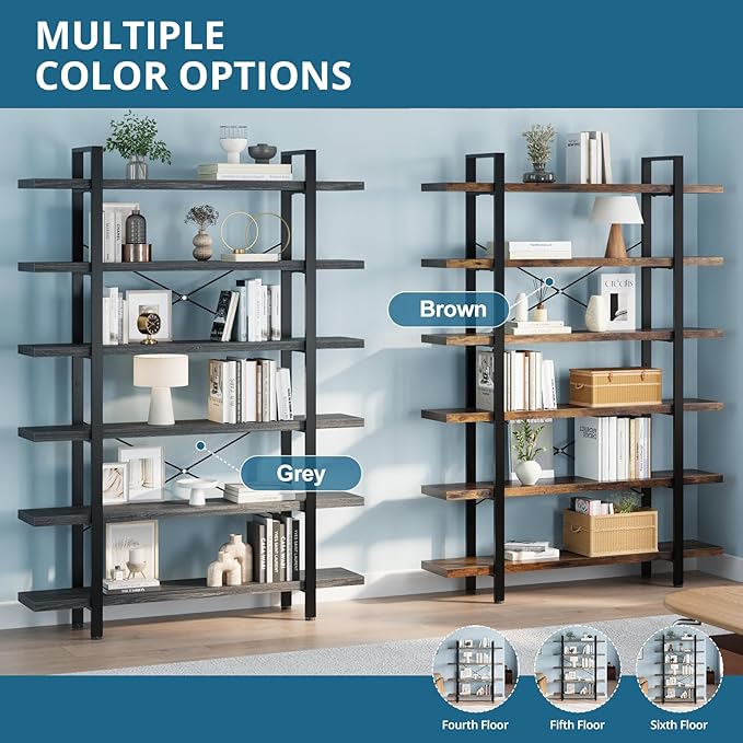 FURSUN Heavy Duty 6 Tier Bookcase, 80-in Tall Industrial Modern Large Bookshelf, Wood Farmhouse Bookcases Book Shelves and Metal Frame for Office, Bedroom, Living Room, Grey
