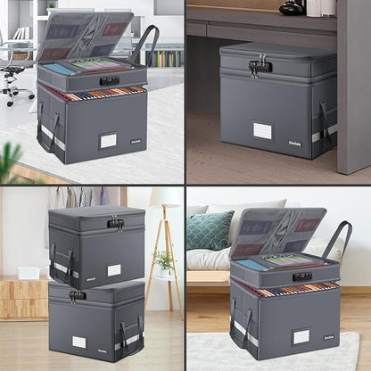 DocSafe File Box with Lock,Multi-Layer Fireproof Document Box Collapsible File Storage Organizer with Pockets/Handle,Large Portable Home Office Filing Box for Hanging Letter/Legal Size Folders,Gray