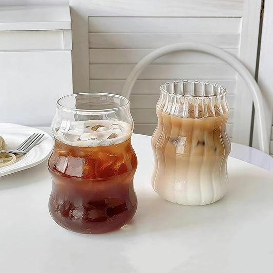 2 Pcs Ribbed Glass Cups, 18 oz Aesthetic Drinking Glasses for Coffee, Iced Drinks, Matcha - Wavy Design Glassware