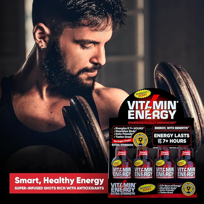 Vitamin Energy Workout+ Extra Strength Energy Shot Berry 48 Pack, 260mg Natural Caffeine, Pre-Workout, B-Vitamins, Minerals, Endurance & Performance, Zero Sugar, Gluten-Free, Vegan, 1.93 fl oz