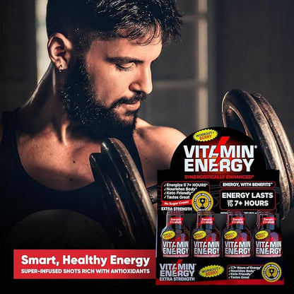 Vitamin Energy Workout+ Extra Strength Energy Shot Berry 48 Pack, 260mg Natural Caffeine, Pre-Workout, B-Vitamins, Minerals, Endurance & Performance, Zero Sugar, Gluten-Free, Vegan, 1.93 fl oz