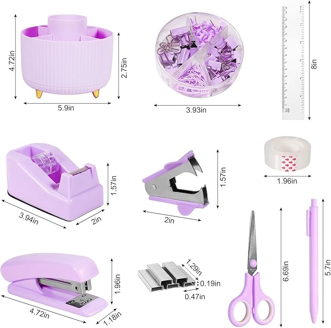 Desk Organizers and Accessories Set with 360-Degree Rotating Pen Holder, Tape Dispenser, Stapler, Staple Remover, 1000 Staples, Tape, Clips Set, Ruler, Scissor, Pen (Purple, 10 Pcs Set)