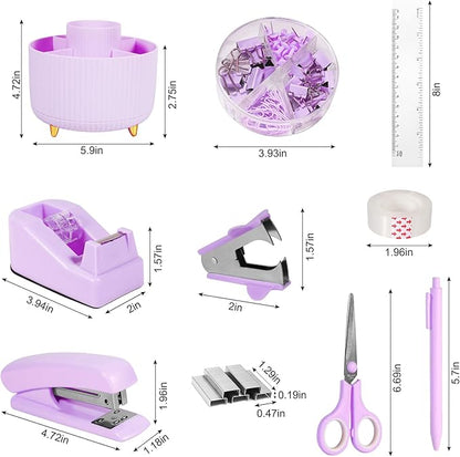 Desk Organizers and Accessories Set with 360-Degree Rotating Pen Holder, Tape Dispenser, Stapler, Staple Remover, 1000 Staples, Tape, Clips Set, Ruler, Scissor, Pen (Purple, 10 Pcs Set)