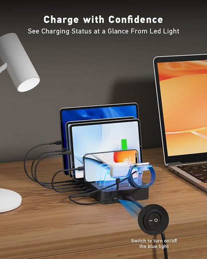 SooPii 90W Charging Station for Multiple Devices, 6 Port Multi USB C Charger Station with 6 Mixed Short Cables,PD 20W Charging Dock for lPhone,Galaxy,iPad,Tablet and More Electronic Devices,Black