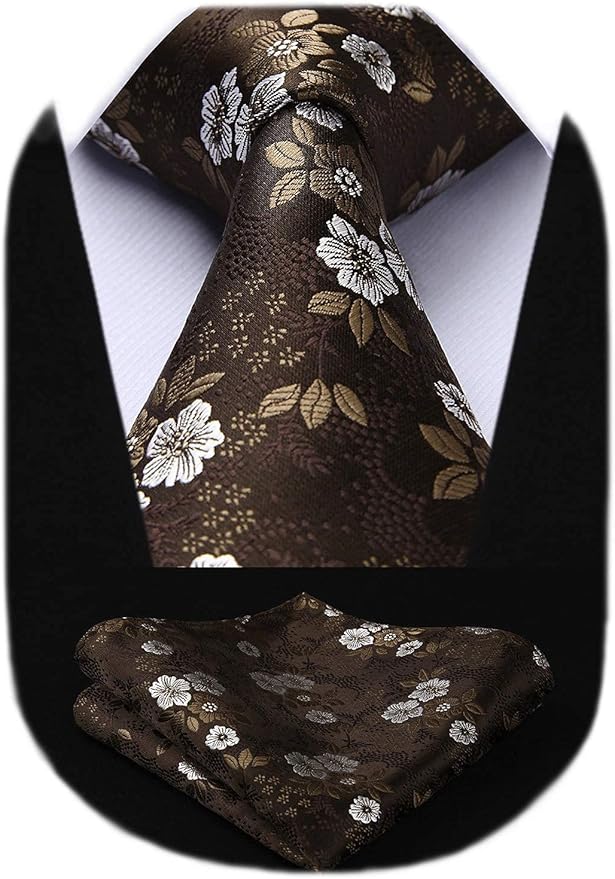 HISDERN Men Floral Ties Woven Classic 3.4" Necktie Set Formal Tie Pocket Square for Wedding with Handkerchief Gift Box
