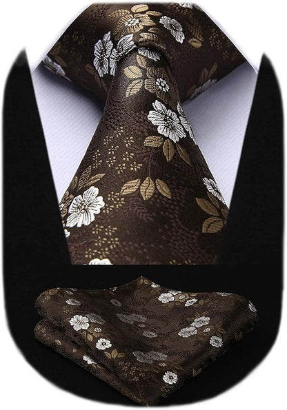 HISDERN Men Floral Ties Woven Classic 3.4" Necktie Set Formal Tie Pocket Square for Wedding with Handkerchief Gift Box