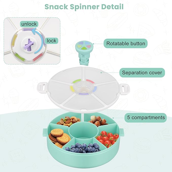Snack Rotator Container Reusable Snack Box with 5 Compartment Dispenser and Lid, Color Matching Opening Lid, BPA and PVC Free, for Home, School, Travel (2 Pack- Green)