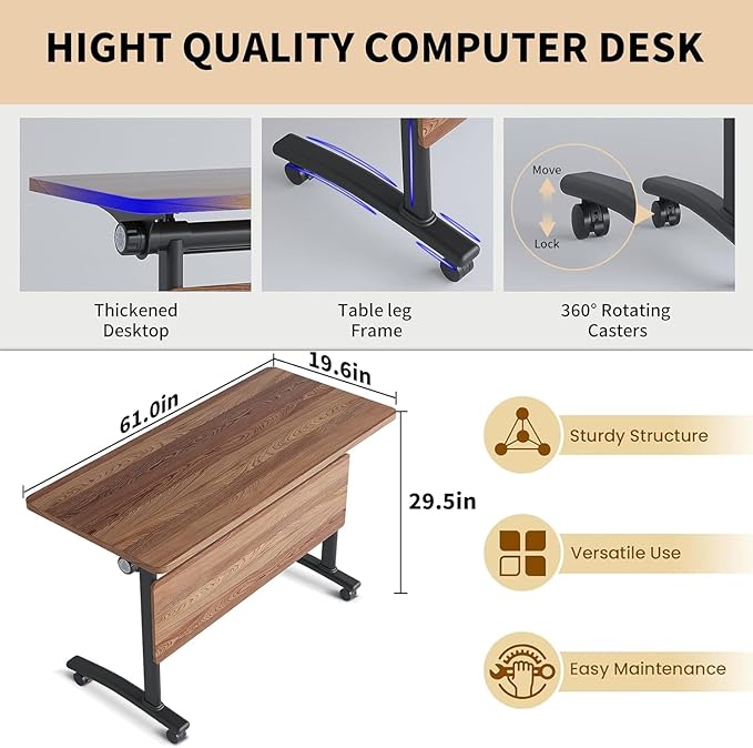 Folding Conference Room Table, Modern Conference Tables with Wheels, Large Rectangular Mobile Training Tables for Office Classroom, Foldable Modular Boardroom Seminar Table （8PCS 63in）