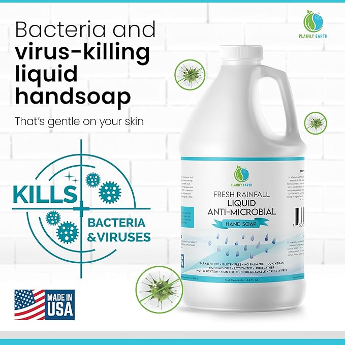 AntiMicrobial Hand Soap, 64 oz Bulk Refill - Antibacterial Hand Soap, Gentle, Scented Moisturizing Hand Soap for Kitchen and Bathroom - Fresh Rainfall