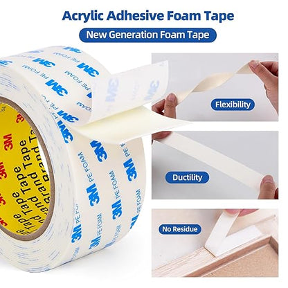 Double Sided Tape 2"×16.5Ft, Mounting Tape Heavy Duty No Residue, Removeable PE Foam Tape Strips, Extra Strong Adhesive Tape Waterproof for Walls Home Office Decor Crafts Paint Picture Poster