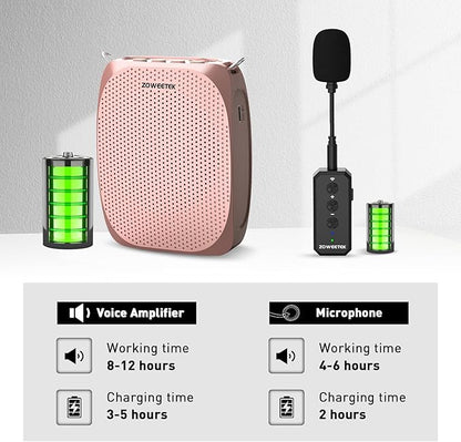 ZOWEETEK Wireless Voice Amplifier with Lavalier Lapel Microphone for Teachers, Mini Portable Speaker and Wireless Clip On Microphone System for Classroom, Meeting, Yoga, Streaming, Group outings