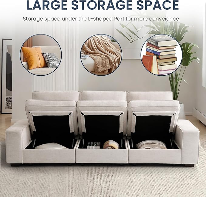 TEKAMON 128" Modular Sofa Couch with Large Seats Storage, Chenille Sofa， Modern Comfy 4-Seater Couch for Living Room, Office, Apart W/Deep Seat, Wide Armrest, Side Pockets, USB Port, Removable Cover