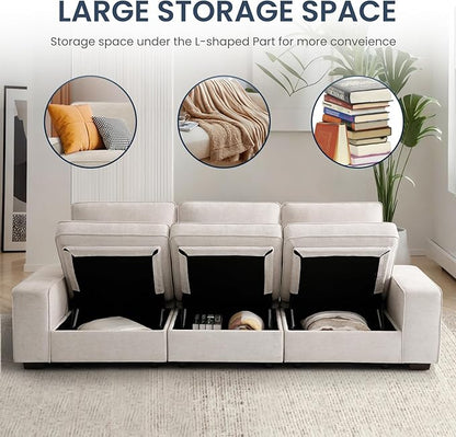 TEKAMON 100" Modular Sofa with Seats Storage, Comfy 3-Seater Chenille Fabric Couch for Living Room, Office, Apart W/Deep Seat, Wide Arms, Side Pockets, USB, Upholstered Couch W/Removable Cover