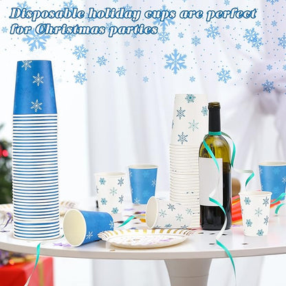 Funtery 100 Pieces Christmas Paper Cups Xmas Disposable Coffee Snowflake Santa Snowman Elk Lights Cups 9 Ounce Drinking Tea Paper for Daily Use Holiday (Snowflake Style)