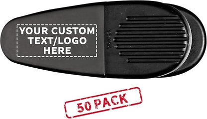 50 Magnetic Memo Holders Set - Customizable Text, Logo - Large Clip, Plastic - Black