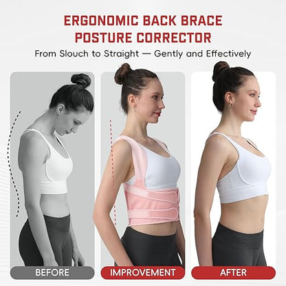 Posture Corrector for Women & Men, Adjustable Back Brace Shoulder Straightener with Full Back Support for Upper & Lower Back Pain, Spine Alignment, Hunchback, Scoliosis Relief (Medium, Pink)
