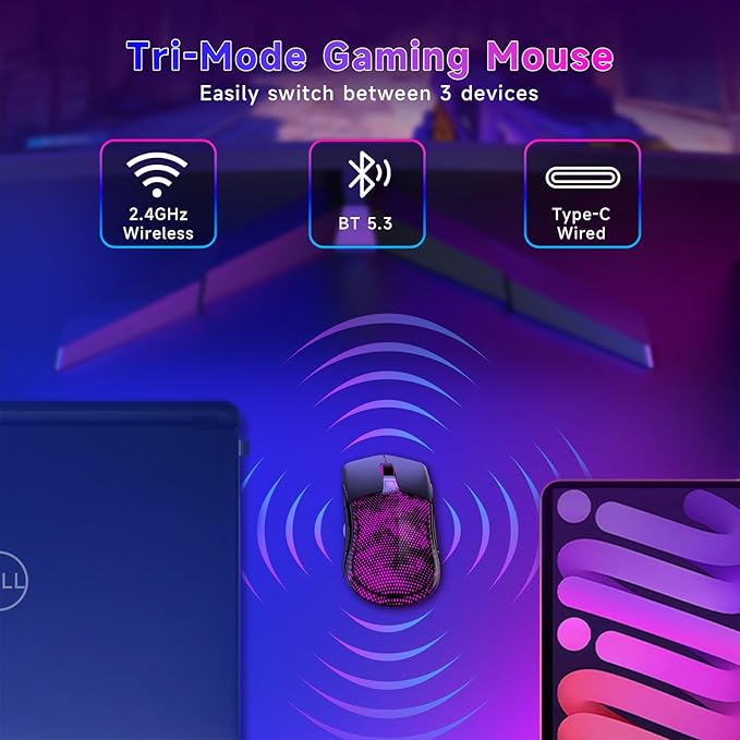 FFJ Master02 Wireless Gaming Mouse, 12000 DPI, Tri-Mode 2.4G/USB-C/Bluetooth 5.3 Gaming Mouse, Python Skin Texture RGB Backlit, 6 Programmable Buttons, 75Hr Battery Life for PC, Mac, PS5, XBOX - Black