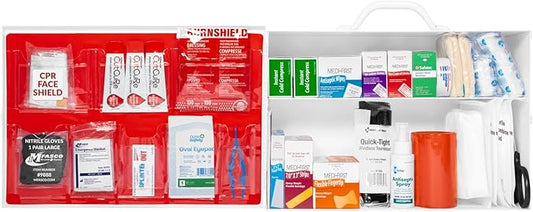 MFASCO 2 Shelf First Aid Cabinet - ANSI/OSHA Class B Type I & II - Medi First Brand Bandages - Carry or Wall Mount - Easy Restock & Refill - - White Enamel Finish - 226 Pcs - 16"x11"x4 7/8"