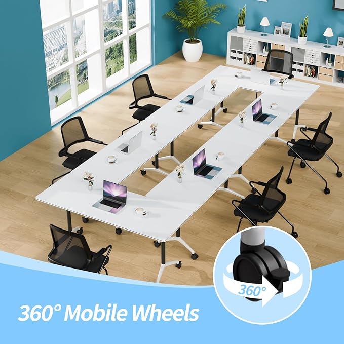 Conference Table, Foldable Conference Room Tables with Silent Wheels, Folding Modular Seminar Meeting Tables, Modern Rectangle Training Table for Office, Boardroom (2, White2, 55.1)