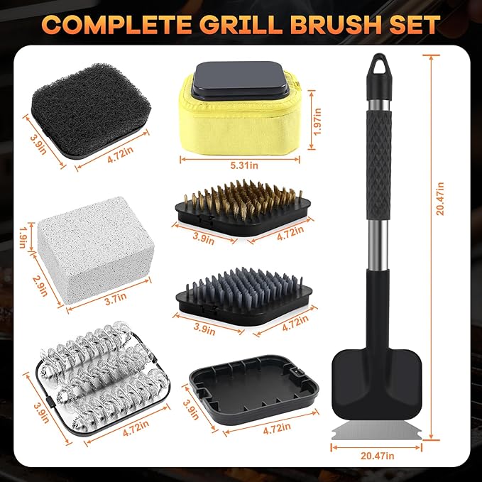 BBQ Grill Brush Set，Safe Grill Cleaning Brush Set and Scraper with Replacement Sponge Heads and Various Cleaning Brushes for Porcelain Charcoal Grill