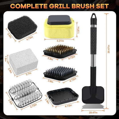 BBQ Grill Brush Set，Safe Grill Cleaning Brush Set and Scraper with Replacement Sponge Heads and Various Cleaning Brushes for Porcelain Charcoal Grill