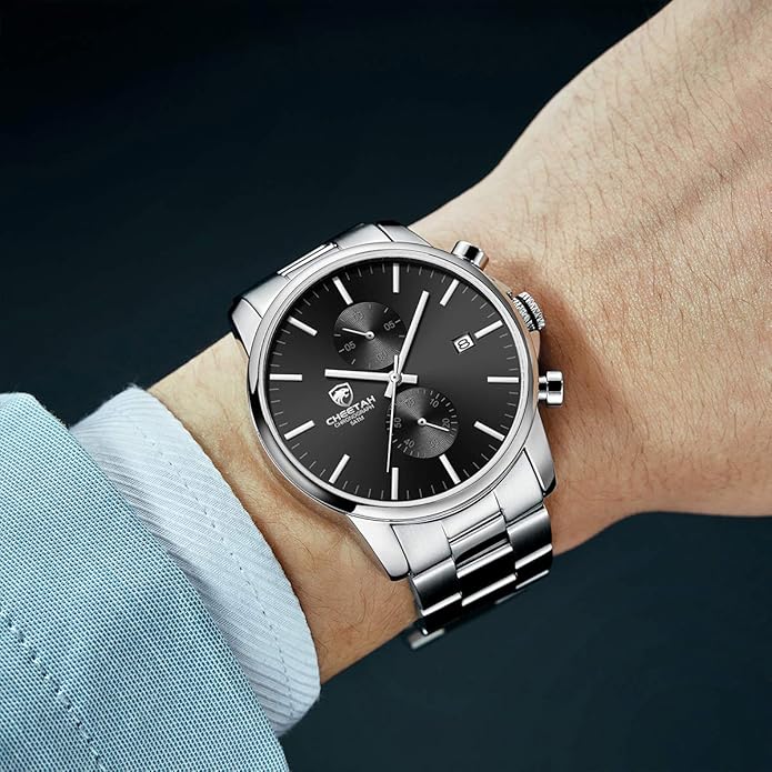 GOLDEN HOUR Fashion Business Mens Watches with Stainless Steel Waterproof Chronograph Quartz Watch for Men, Auto Date