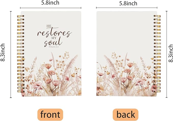 Christian Notebook for Women, Christian Art Gifts Journal, Prayer Journal for Women, Bible Journaling Notebook, PSALM 23:3 He Restores My Soul Floral Spiral Notebook 5.5x8.3