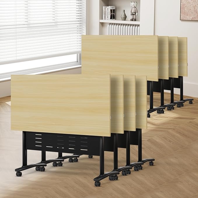 Conference Room Table, 55 Inch Folding Conference Tables with Wheels, Modern Office Meeting Table, Easy Flip & Nest Design, Rectangular Seminar Tables with Metal Frame for 2-24 People(F 8PCS)