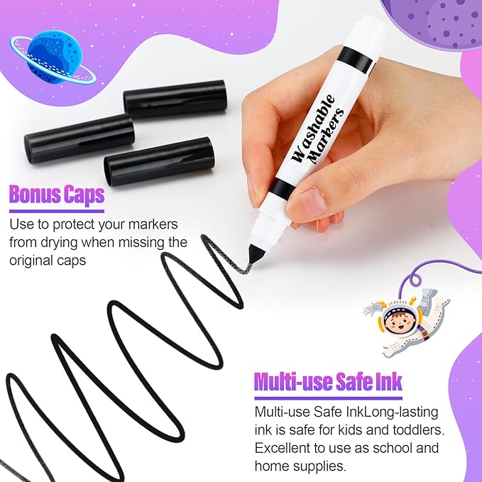 Janlaugh 24 Pcs Washable Markers Bulk Broad Line Markers Coloring Conical Tip Large pens for Kids art projects, Teachers, Students, Toddlers, Party Favors, Classrooms, Donations(Black)