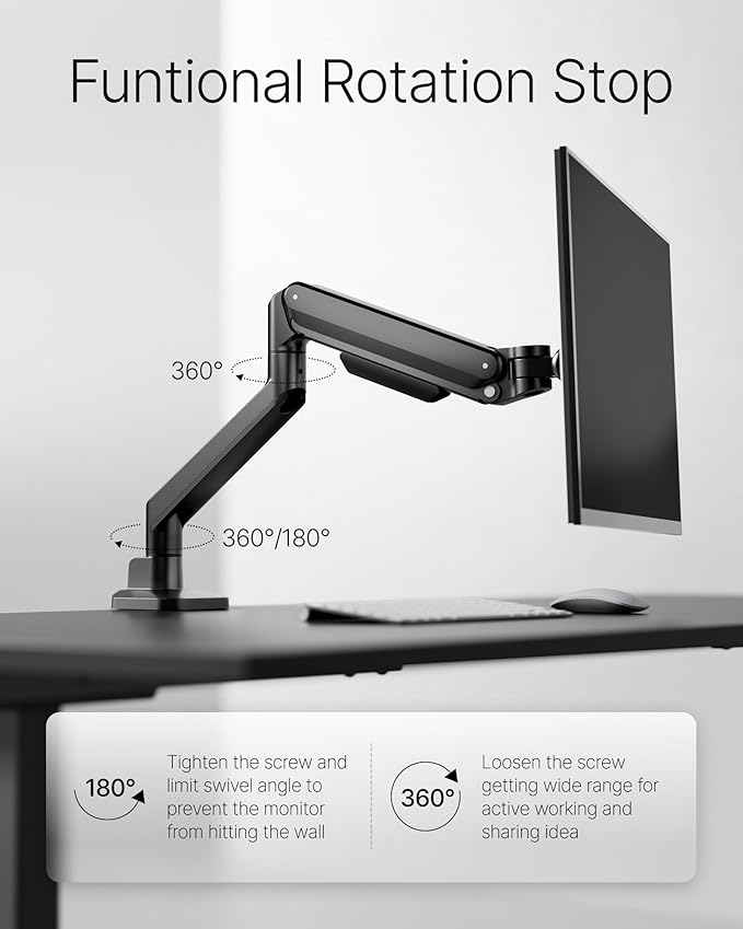monTEK Deluxe Monitor Arm for 17 to 40 Inch Curved Screens with Cable Management Aluminum Fully Adjustable Single Monitor Arm with Clamp/Grommet, Quick Release Plate,75x75/100x100 VESA,MA1008BK