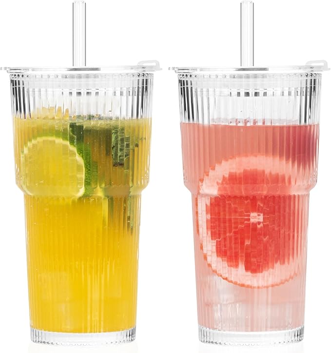 GOSCHE 20oz Ribbed Glass Tumbler with Straw and Lid, Clear Iced Coffee Cups Vintage Glassware, Glass Cups with Lids and Straws for Smoothie Water Tea Juice, Clear, 2 Pack