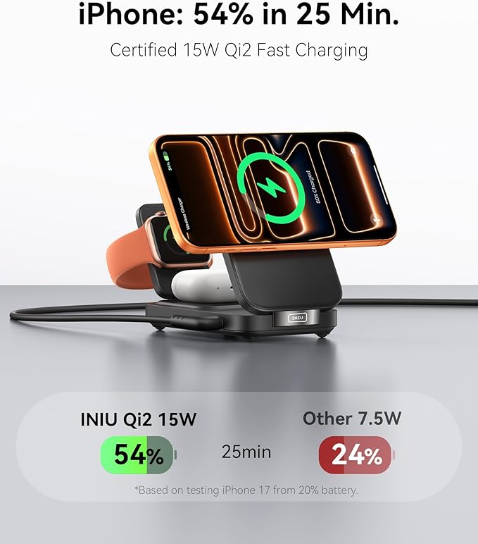 INIU 3 in 1 Wireless Charging Station, Qi2 Certified 15W Travel Charger for Apple Multiple Devices, Foldable Magnetic Wireless Charger Stand for iPhone 17 16 15 14 13 12 Series Apple Watch AirPods