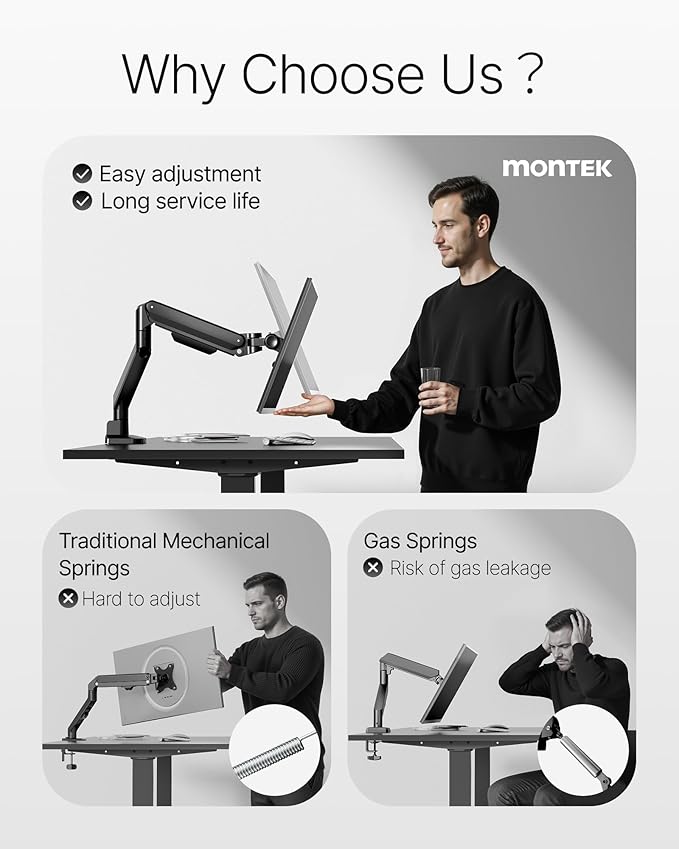 monTEK Deluxe Aluminum Monitor Arm with USB A/C for 17 to 40 Inch Curved Screens Fully Adjustable Single Monitor Arm with Clamp/Grommet, Quick Release Plate, Cable Management, VESA 75/100, MA1008UCBK