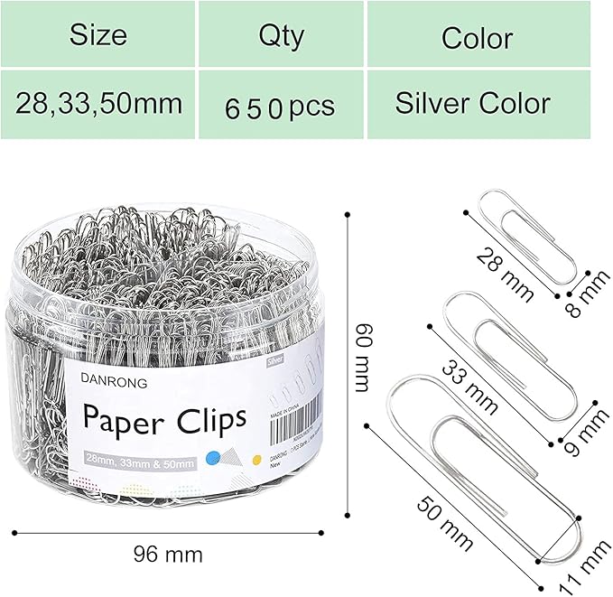 650 PCS Paper Clips Assorted Sizes, Small Medium and Large (1.1", 1.3" & 2"), Paperclips for Office, School, Home Supplies-Silver