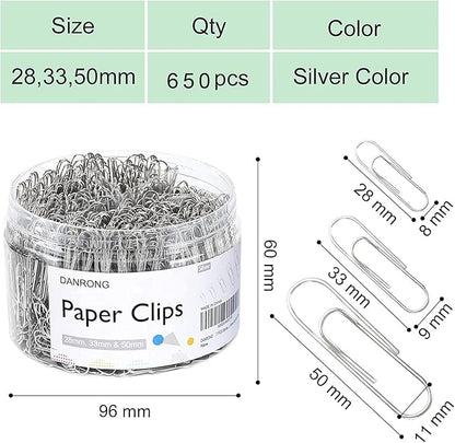 650 PCS Paper Clips Assorted Sizes, Small Medium and Large (1.1", 1.3" & 2"), Paperclips for Office, School, Home Supplies-Silver