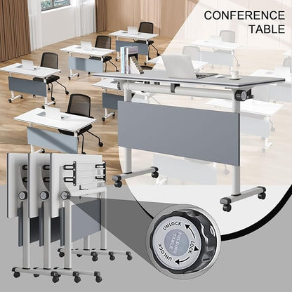 Conference Table Folding Conference Room Tables, Modern Mobile Meeting Training Table with Silent Wheels, Foldable Seminar Table for Offices, Classrooms, Libraries (4, Grey, 55.1in)
