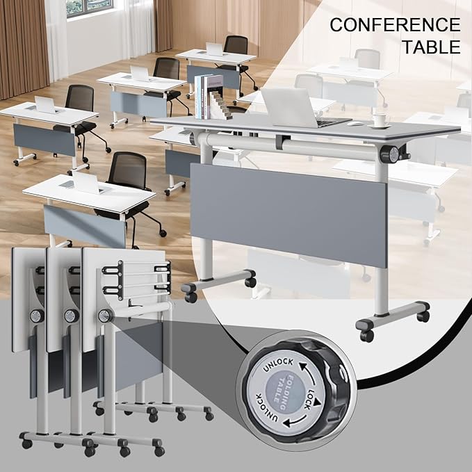 Conference Table Folding Conference Room Tables, Modern Mobile Meeting Training Table with Silent Wheels, Foldable Seminar Table for Offices, Classrooms, Libraries (6, Grey, 47.2in)