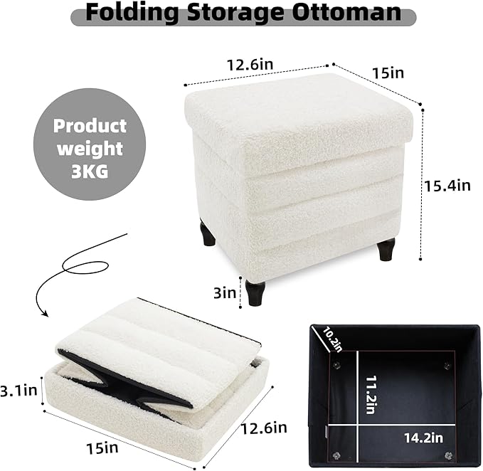 CAROLMADE Folding Storage Ottoman Cube Sherpa Footstool with Wood Legs Ottoman Footrest for Living Room and Bedroom, White 15"x12.6"x15.4"