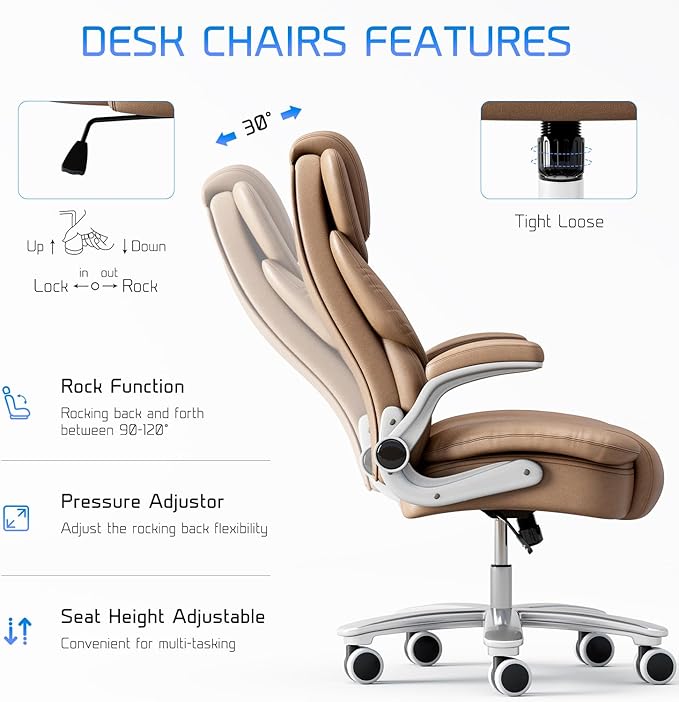 GYI Big and Tall Office Chair 400lb Wide Seat, Ergonomic High Back Leather Executive Desk Chair with Flip-up Arms, Brown