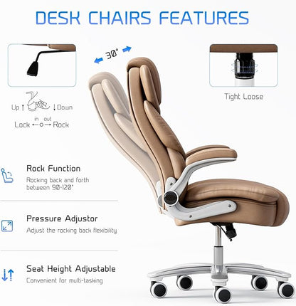 GYI Big and Tall Office Chair 400lb Wide Seat, Ergonomic High Back Leather Executive Desk Chair with Flip-up Arms, Brown