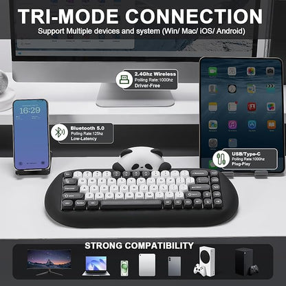 YUNZII C68 Panda Wireless Mechanical Gaming Keyboard, 68 Keys Cute Layout with PBT Keycaps,RGB Backlit, Hot Swappable,Creamy Switches,BT5.0/2.4G/Wired for Win/Mac(Black,Panda Switch)