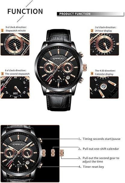 CRRJU Men's Business Casual Chronograph Quartz Waterproof Wristwatch Black Leather Strap