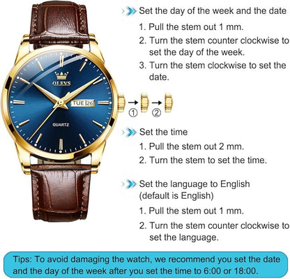 OLEVS Men's Simple Watch with Day and Date, Stainless Steel Analog Quartz Watches for Men, Classic Luminous Hands Men's Dress Watches, Black/White/Blue Dial