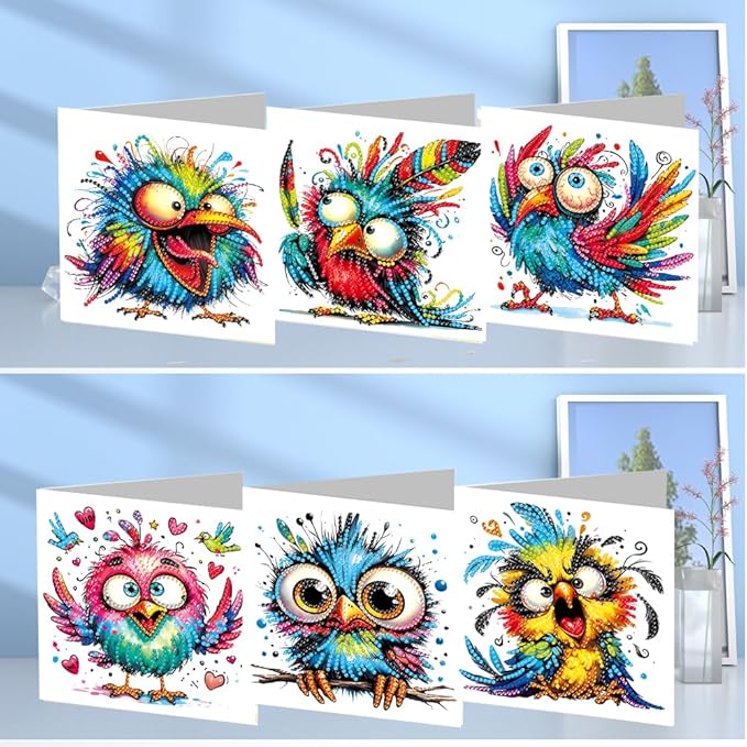 6PCS Diamond Art Painting Greeting Card Set, Bird Pattern DIY Cards with Envelopes for Xmas Birthdays Special Occasion Blessing