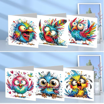 6PCS Diamond Art Painting Greeting Card Set, Bird Pattern DIY Cards with Envelopes for Xmas Birthdays Special Occasion Blessing